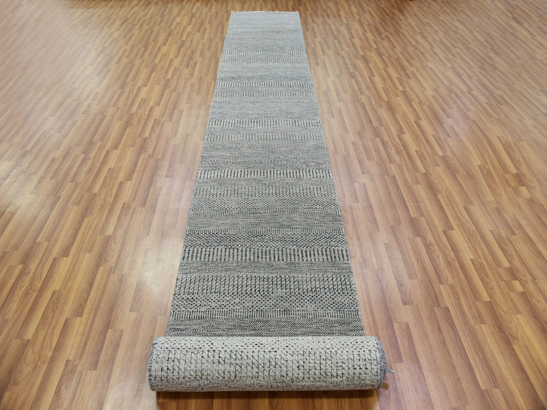 2'8" x 19'11" New Hand Knotted Grey Wool Runner Oriental Rug - MOA10279703