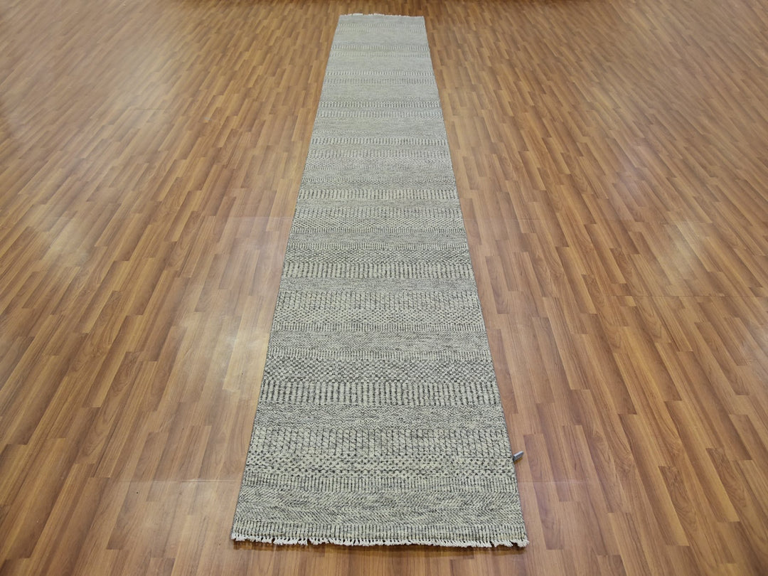 2'6" x 15'11" New Hand Knotted Grey Wool Runner Oriental Rug - MOA10279704