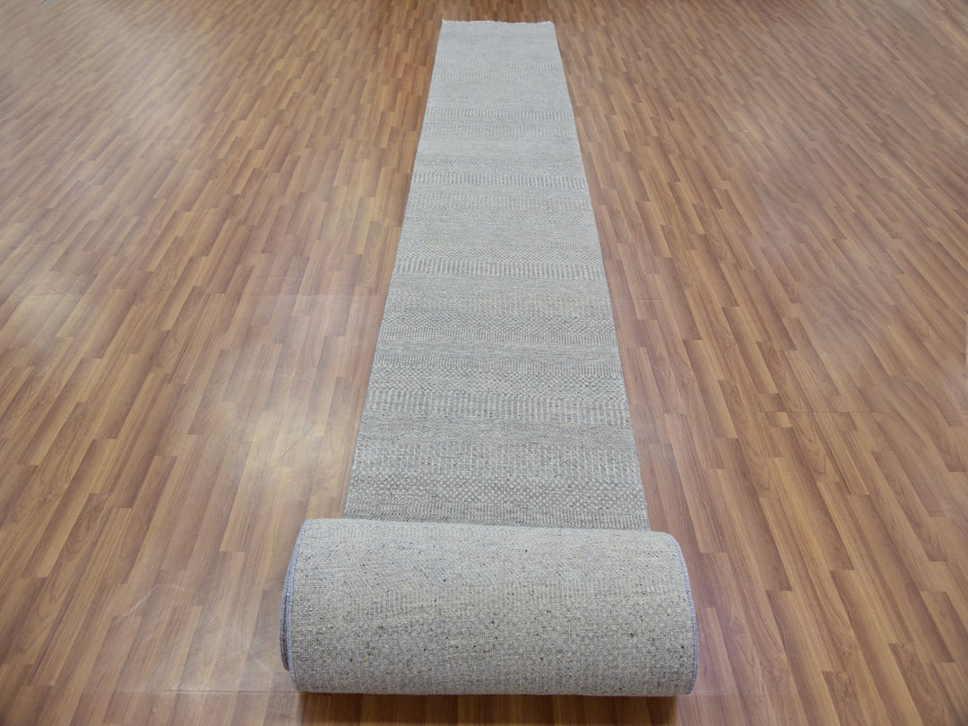 2'7" x 32'1" New Hand Knotted Grey Wool Runner Oriental Rug - MOA10279718