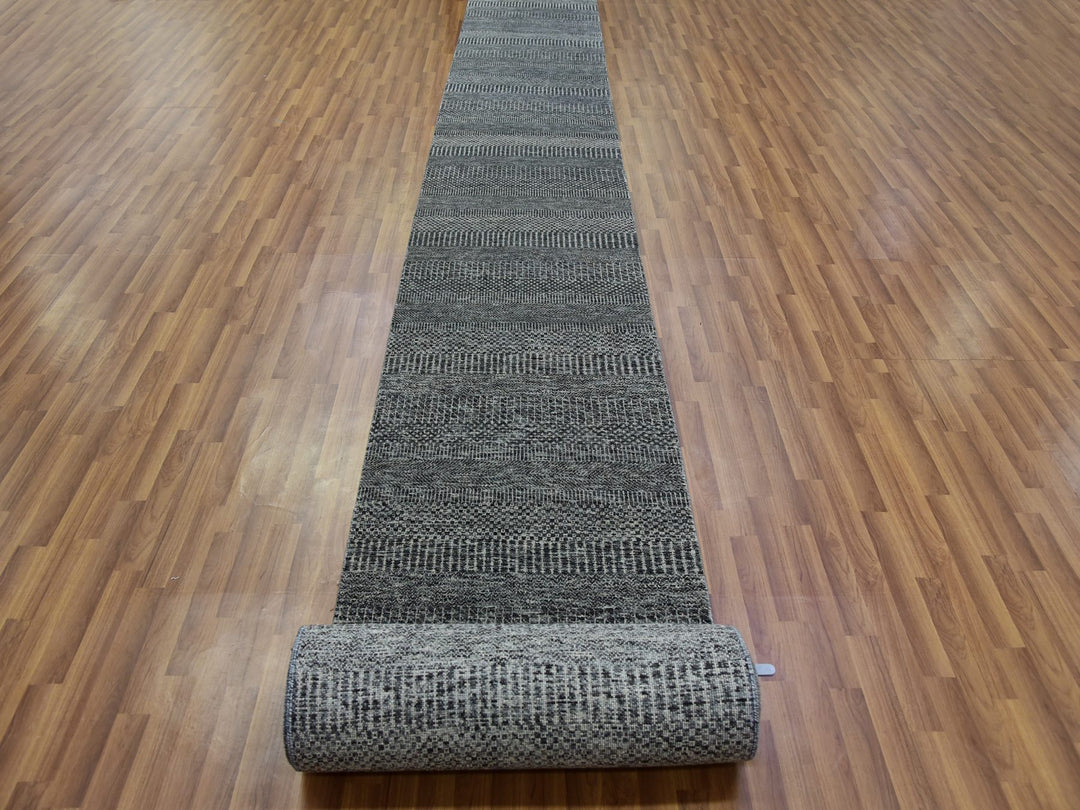 2'7" x 26'2" New Hand Knotted Grey Wool Runner Oriental Rug - MOA10279731