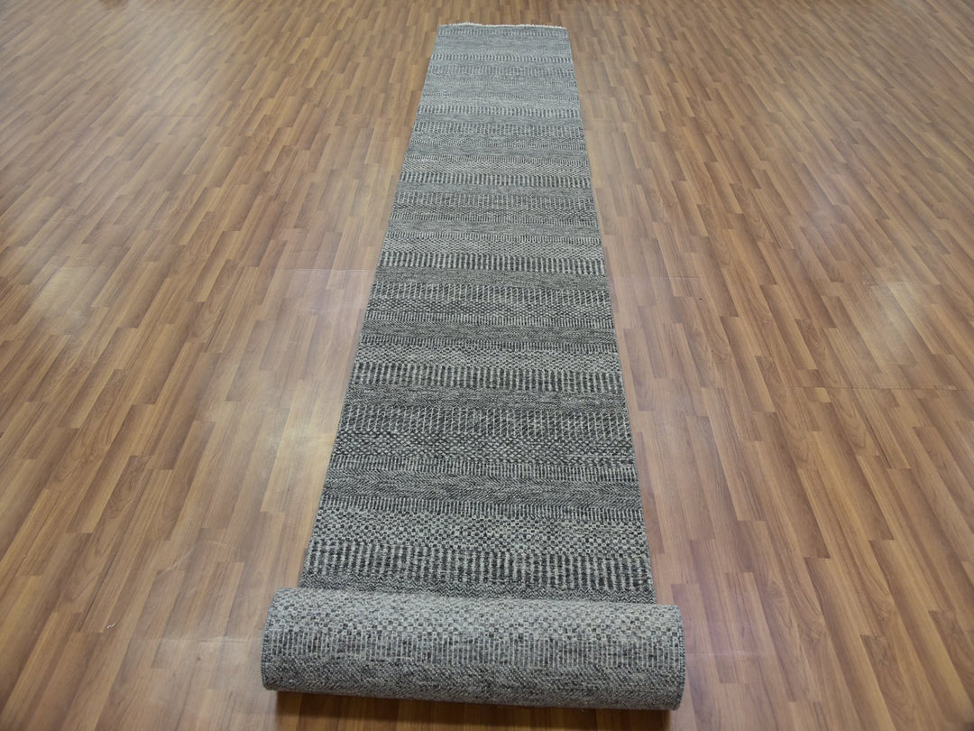 2'7" x 19'11" New Hand Knotted Grey Wool Runner Oriental Rug - MOA10279732