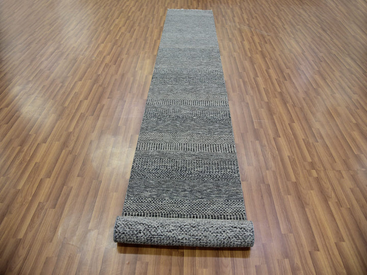 2'7" x 15'10" New Hand Knotted Grey Wool Runner Oriental Rug - MOA10279733