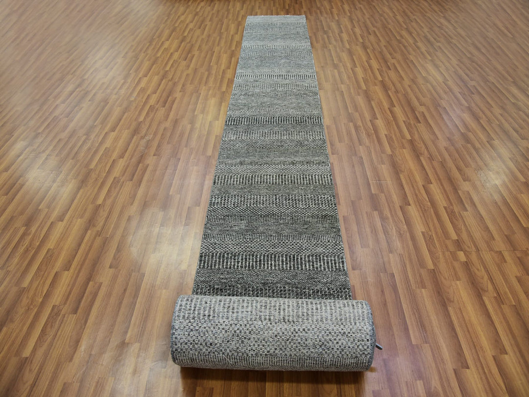 2'4" x 27'9" New Hand Knotted Grey Wool Runner Oriental Rug - MOA10279758