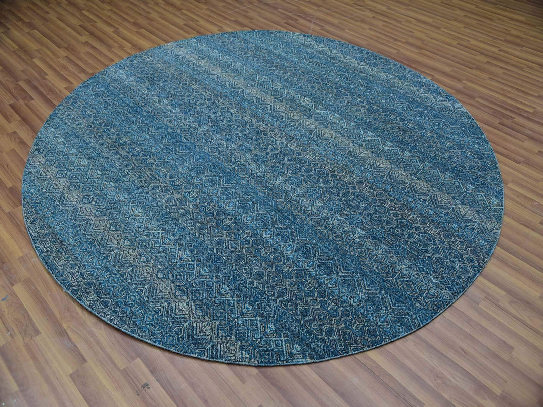 8'0" x 8'0" New Hand Knotted Blue Wool Round Oriental Rug - MOA10279765