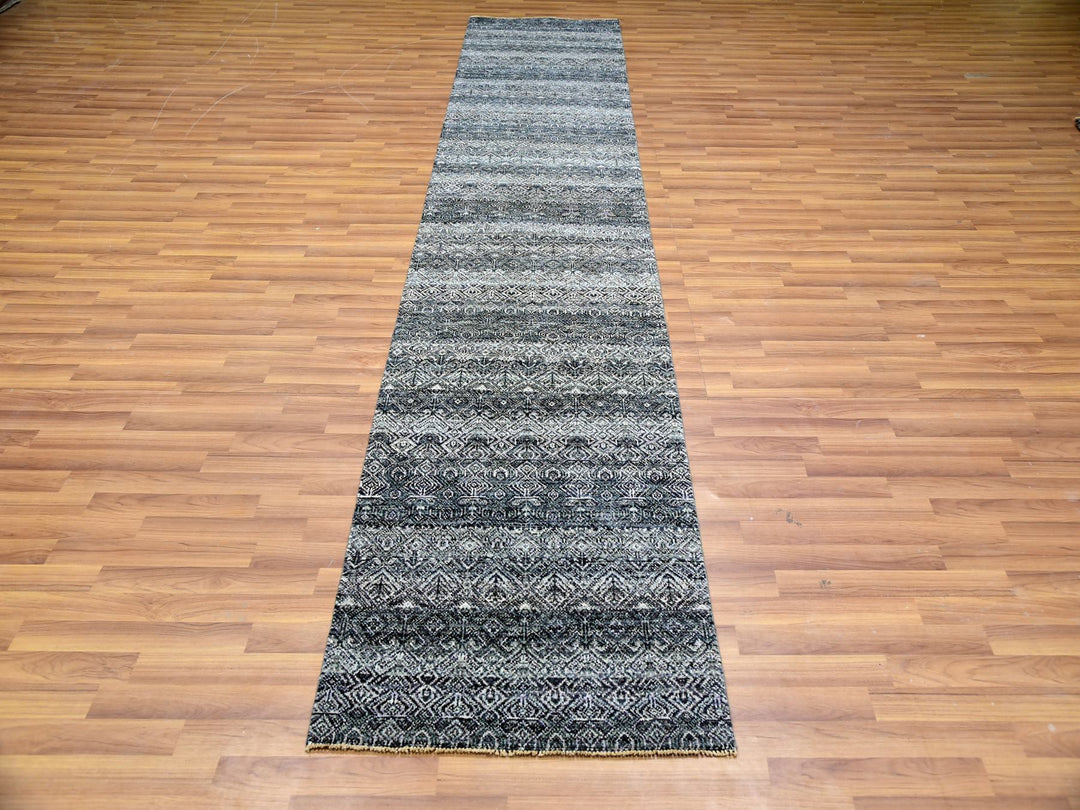 2'7" x 10'1" New Hand Knotted Grey Wool Runner Oriental Rug - MOA10279813