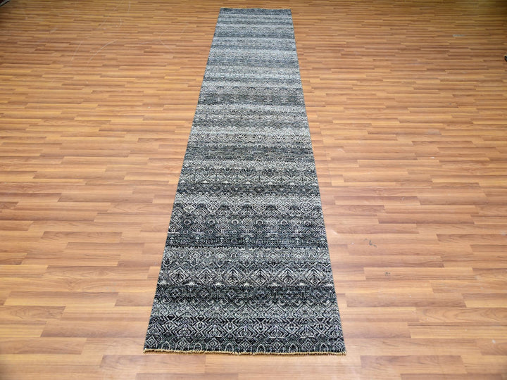 2'7" x 10'1" New Hand Knotted Grey Wool Runner Oriental Rug - MOA10279813