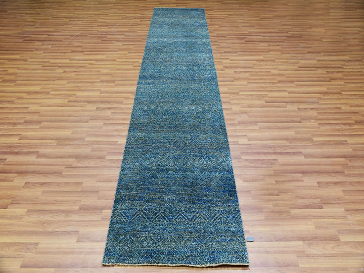 2'6" x 12'0" New Hand Knotted Green Wool Runner Oriental Rug - MOA10279817