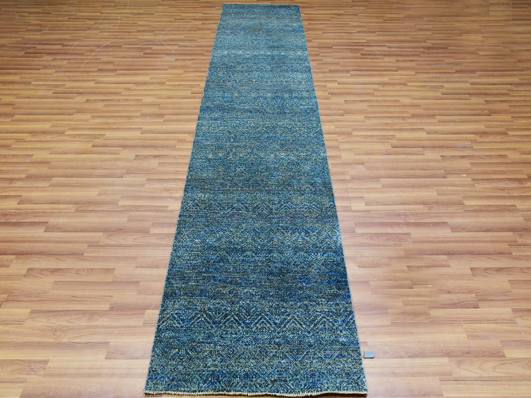 2'6" x 12'0" New Hand Knotted Green Wool Runner Oriental Rug - MOA10279818
