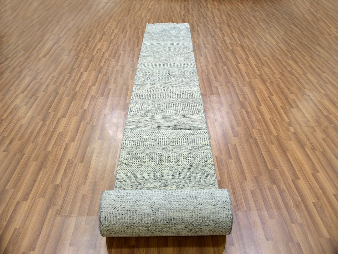 2'5" x 26'3" New Hand Knotted Grey Wool Runner Oriental Rug - MOA10279880