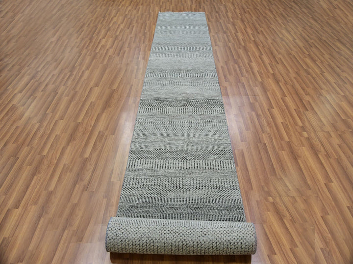 2'7" x 18'4" New Hand Knotted Grey Wool Runner Oriental Rug - MOA10279885