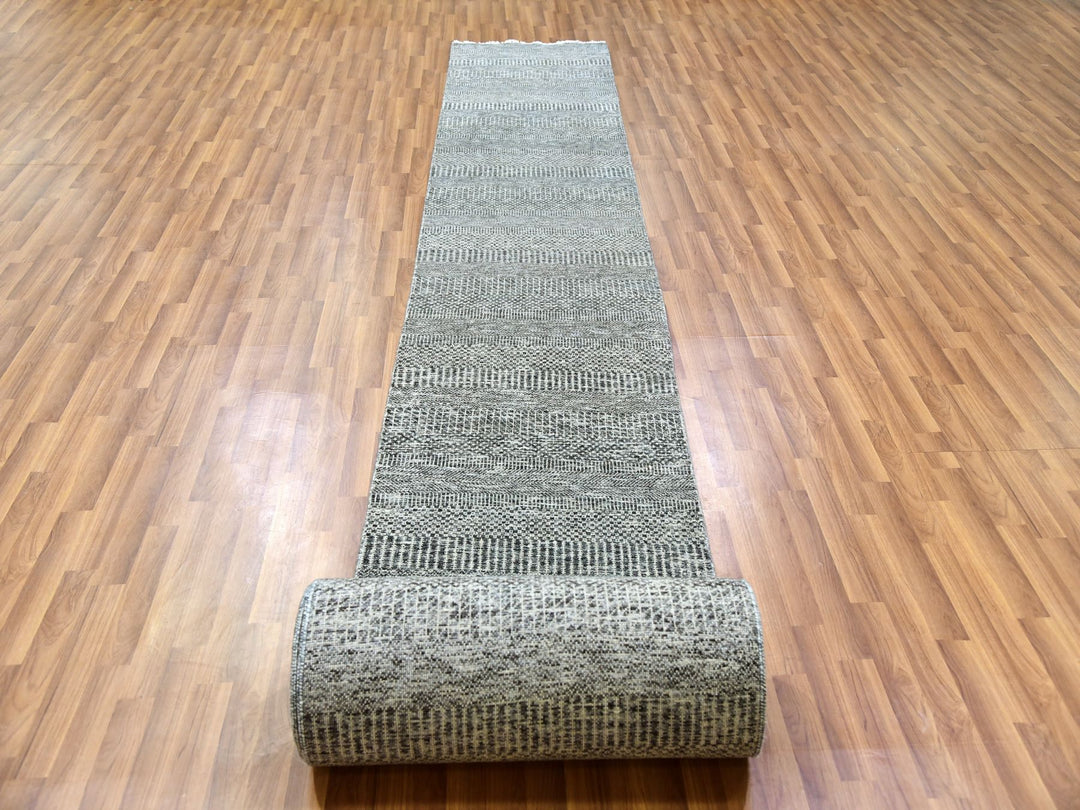 2'5" x 30'1" New Hand Knotted Grey Wool Runner Oriental Rug - MOA10279888