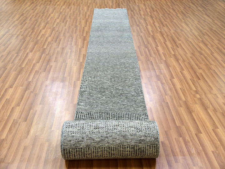 2'5" x 30'1" New Hand Knotted Grey Wool Runner Oriental Rug - MOA10279888