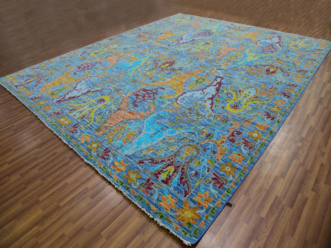 12'3" x 15'0" New Hand Knotted Blue Wool Rectangle Oriental Rug - MOA10279903