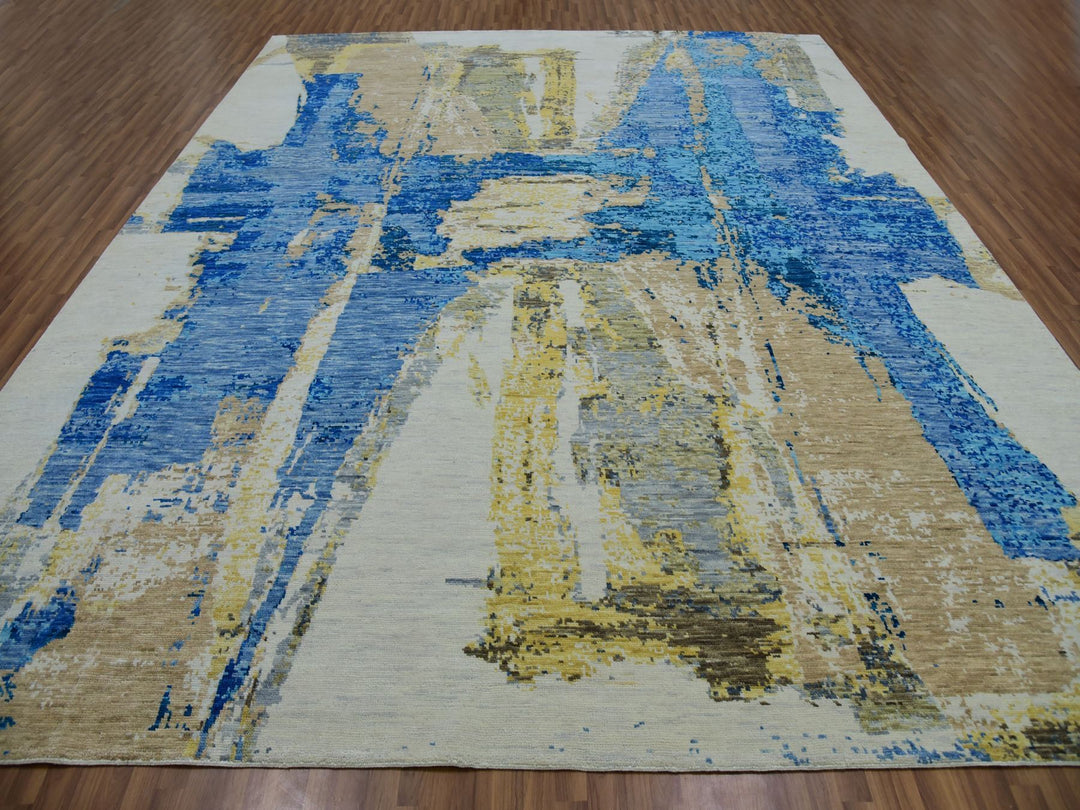 12'1" x 13'10" New Hand Knotted Ivory Wool Rectangle Oriental Rug - MOA10279915