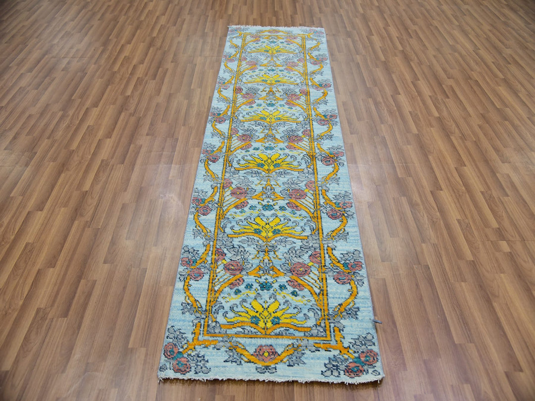 2'8" x 9'5" New Hand Knotted Blue Wool Runner Oriental Rug - MOA10279968