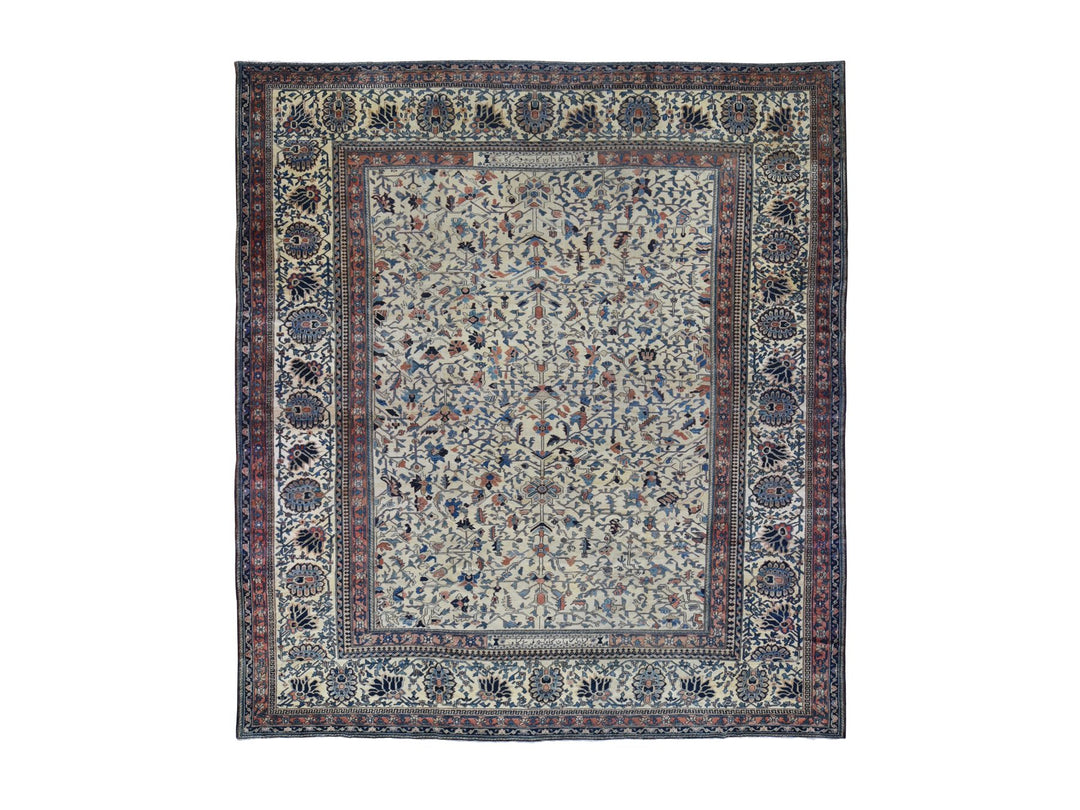 14'3" x 15'7" Vintage Hand Knotted Ivory Wool Rectangle Oriental Rug - MOA10280055