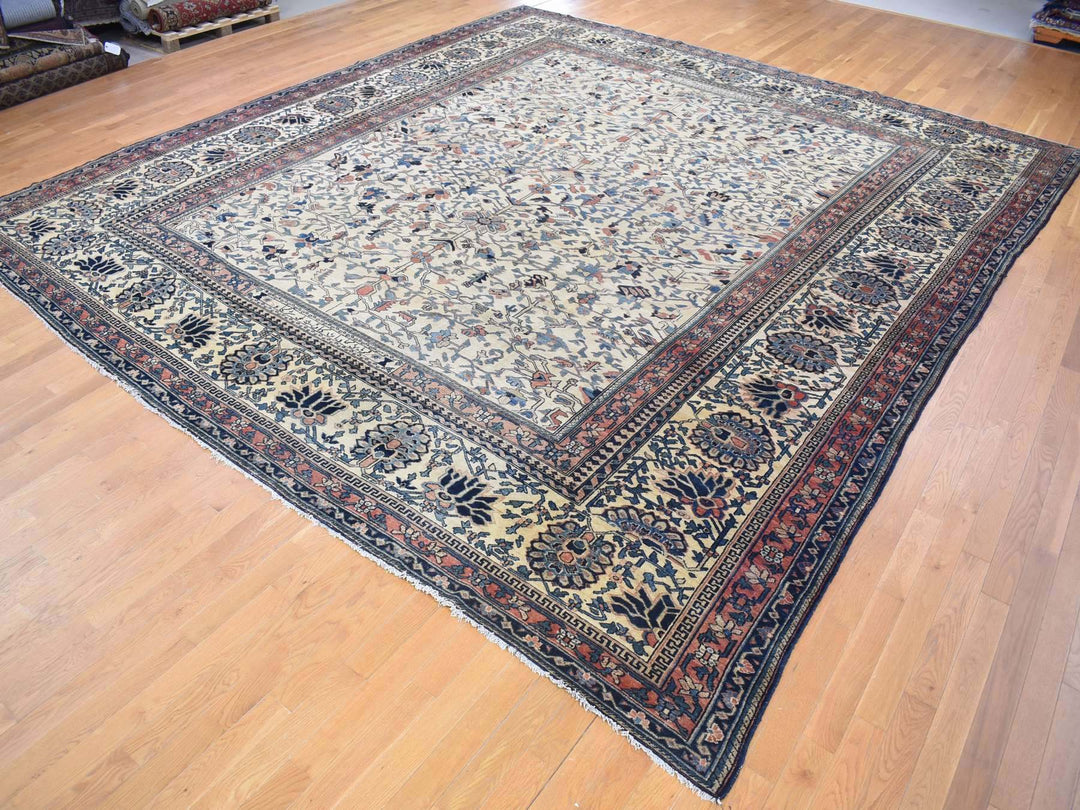 14'3" x 15'7" Vintage Hand Knotted Ivory Wool Rectangle Oriental Rug - MOA10280055