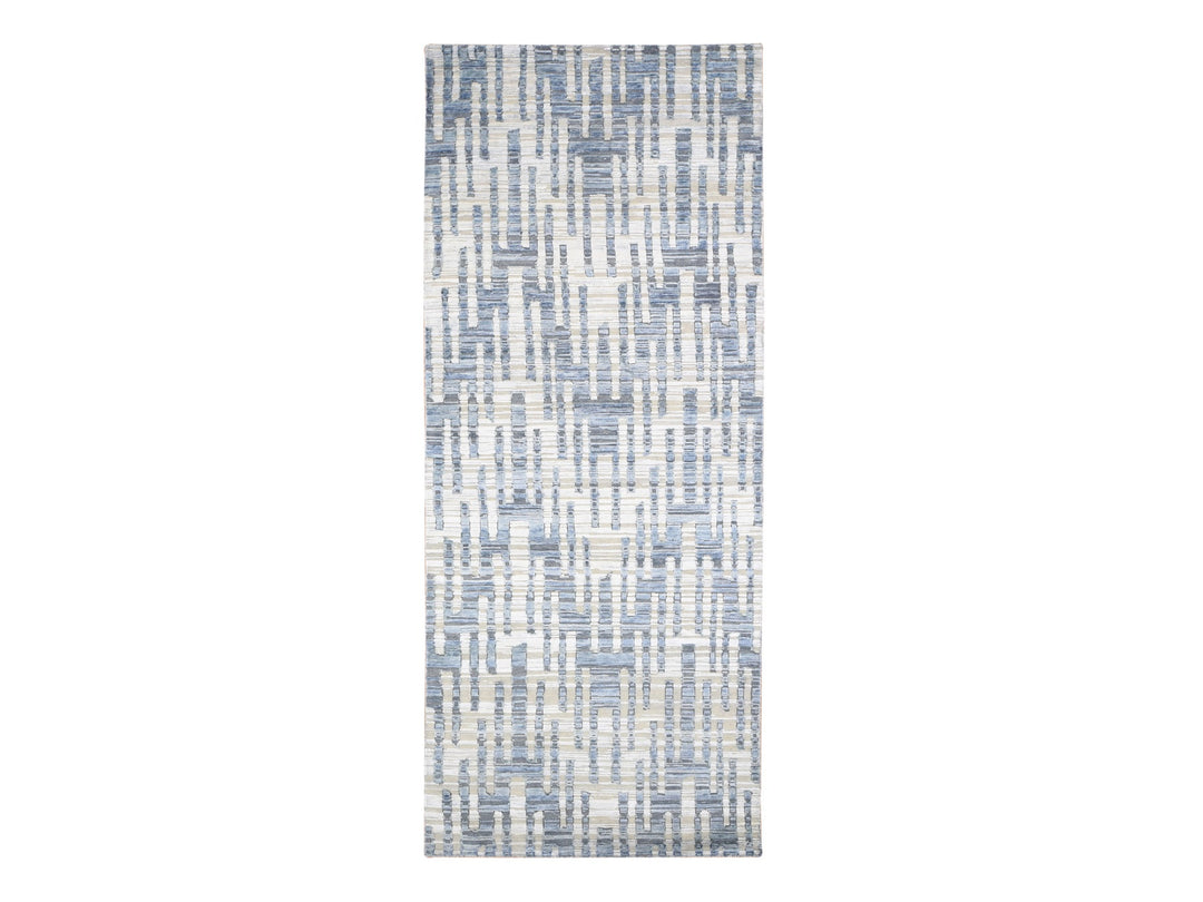 4'0" x 10'3" New Hand Knotted Grey Wool & Silk Runner Oriental Rug - MOA10280088