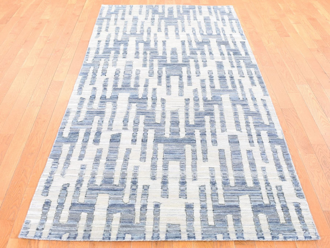 4'0" x 10'3" New Hand Knotted Grey Wool & Silk Runner Oriental Rug - MOA10280088
