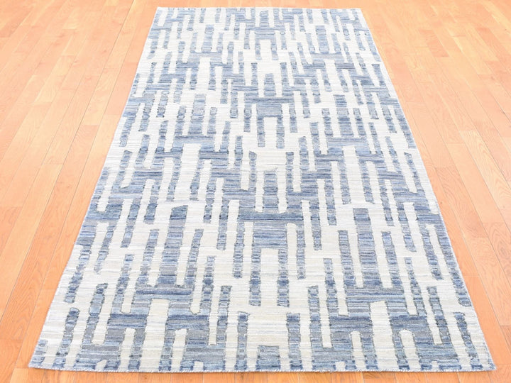 4'0" x 10'3" New Hand Knotted Grey Wool & Silk Runner Oriental Rug - MOA10280088