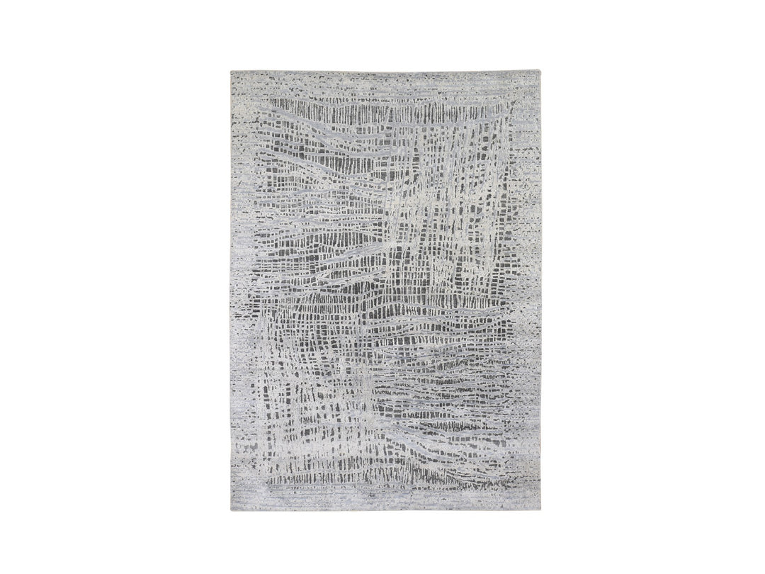 6'0" x 9'0" New Hand Knotted Grey Wool & Silk Rectangle Oriental Rug - MOA10280096
