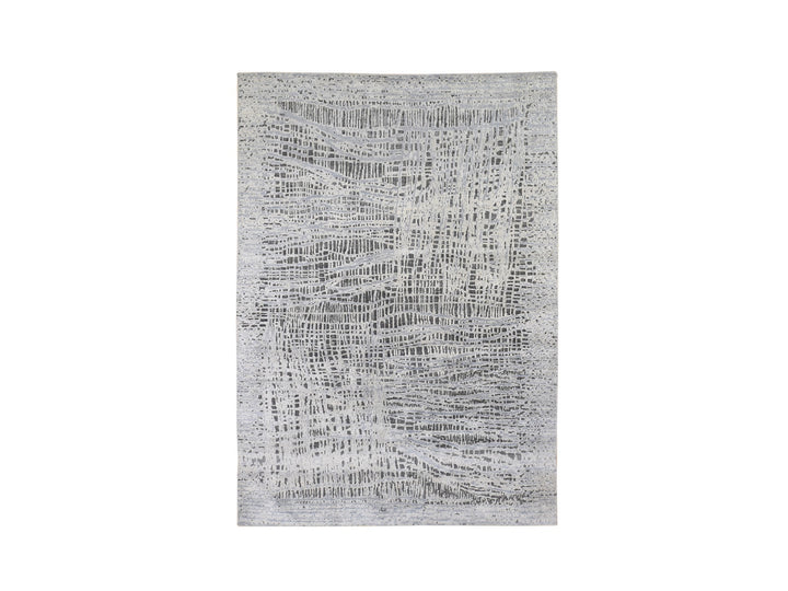 6'0" x 9'0" New Hand Knotted Grey Wool & Silk Rectangle Oriental Rug - MOA10280096