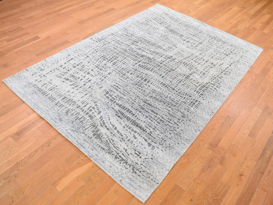 6'0" x 9'0" New Hand Knotted Grey Wool & Silk Rectangle Oriental Rug - MOA10280096