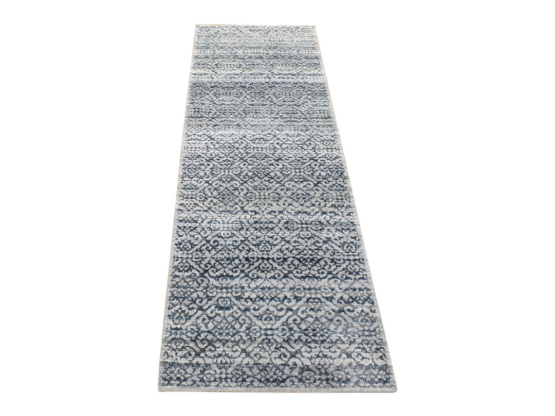 2'8" x 8'2" New Hand Knotted Blue Wool & Silk Runner Oriental Rug - MOA10280150