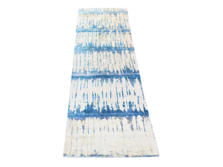 3'0" x 10'1" New Hand Knotted Ivory Wool & Sari Silk Runner Oriental Rug - MOA10280251