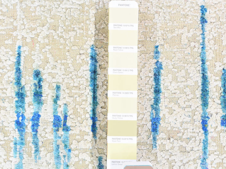3'0" x 10'1" New Hand Knotted Ivory Wool & Sari Silk Runner Oriental Rug - MOA10280251