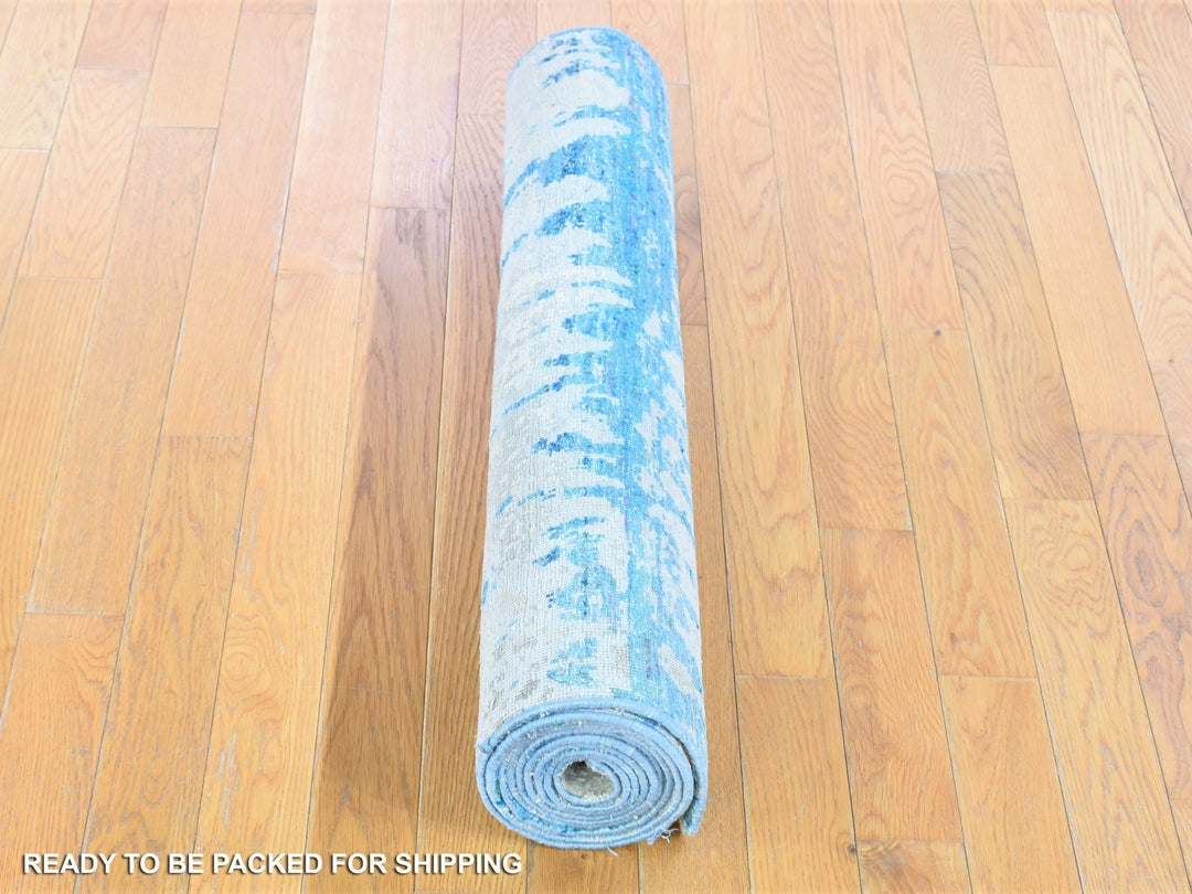 3'0" x 10'1" New Hand Knotted Ivory Wool & Sari Silk Runner Oriental Rug - MOA10280251