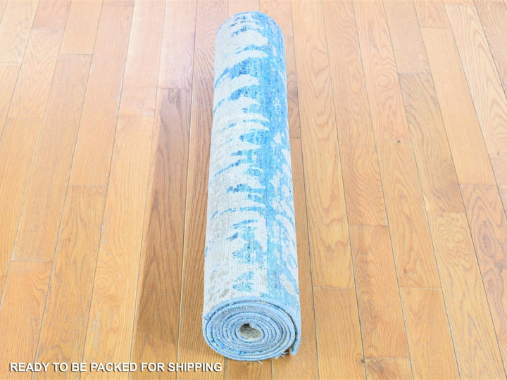 3'0" x 10'1" New Hand Knotted Ivory Wool & Sari Silk Runner Oriental Rug - MOA10280251