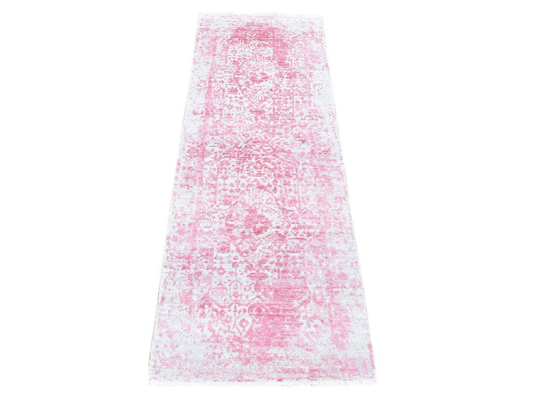 2'6" x 7'9" New Hand Knotted Pink Wool & Pure Silk Runner Oriental Rug - MOA10280252