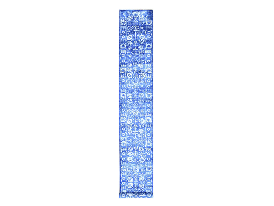2'6" x 16'10" New Hand Knotted Blue Wool & Silk Runner Oriental Rug - MOA10280256