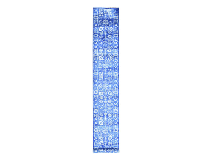 2'6" x 16'10" New Hand Knotted Blue Wool & Silk Runner Oriental Rug - MOA10280256