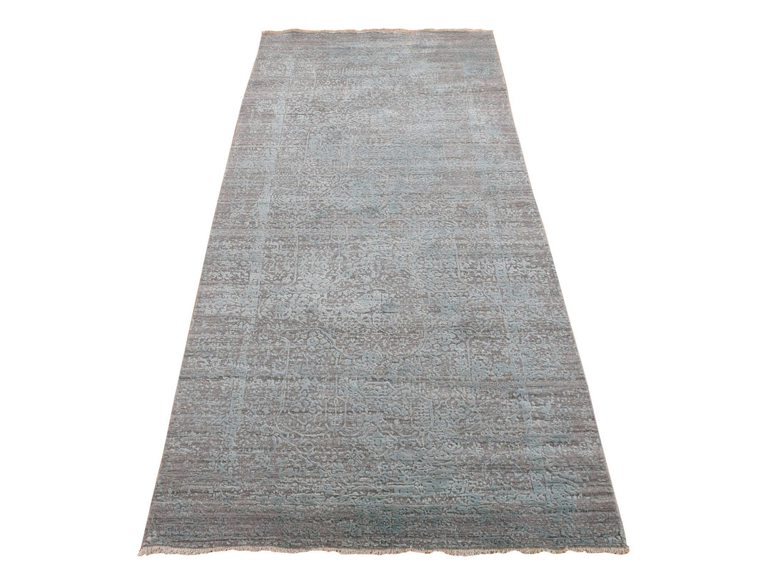 4'0" x 9'9" New Hand Knotted Green Wool & Silk Runner Oriental Rug - MOA10280286