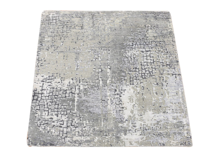 3'0" x 3'0" New Hand Knotted Grey Wool & Silk Square Oriental Rug - MOA10280347