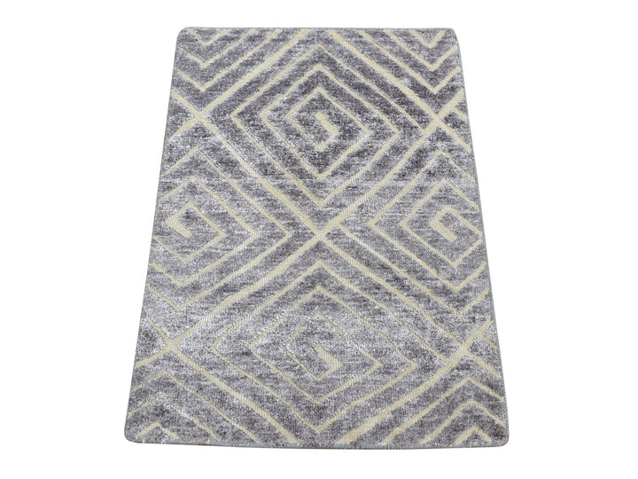 2'0" x 3'0" New Hand Knotted Grey Wool & Silk Rectangle Oriental Rug - MOA10280374