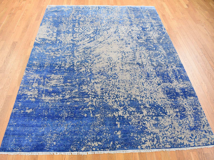 8'1" x 9'10" New Hand Knotted Blue Wool & Silk Rectangle Oriental Rug - MOA10280379