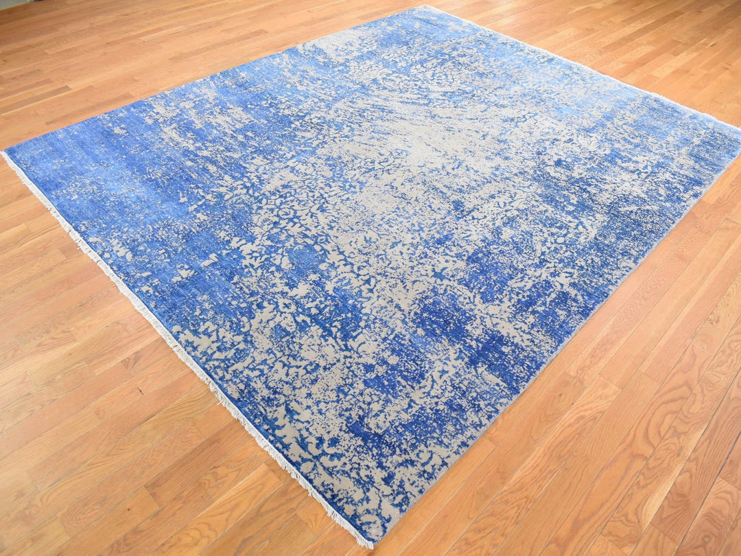 8'1" x 9'10" New Hand Knotted Blue Wool & Silk Rectangle Oriental Rug - MOA10280379