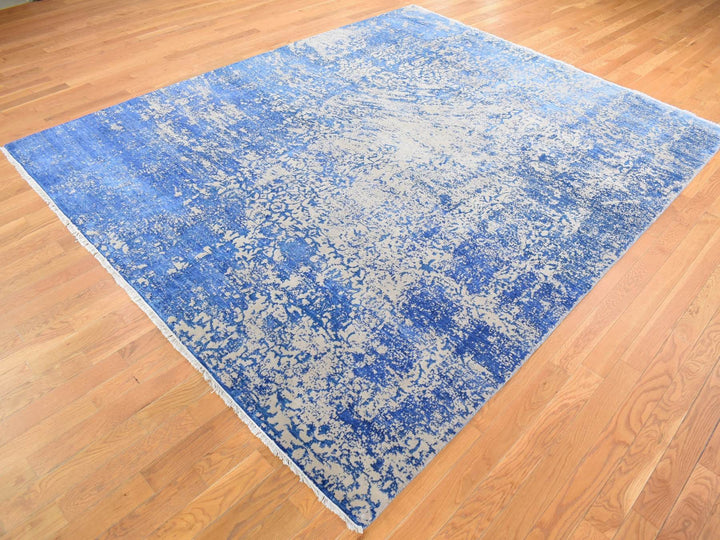 8'1" x 9'10" New Hand Knotted Blue Wool & Silk Rectangle Oriental Rug - MOA10280379