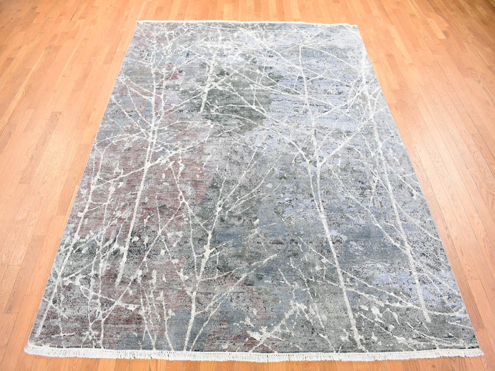 7'7" x 10'1" New Hand Knotted Grey Wool & Silk Rectangle Oriental Rug - MOA10280380