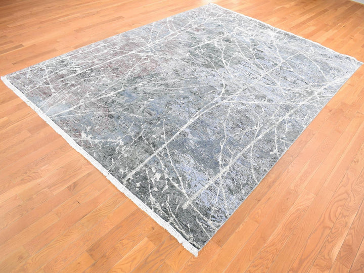 7'7" x 10'1" New Hand Knotted Grey Wool & Silk Rectangle Oriental Rug - MOA10280380