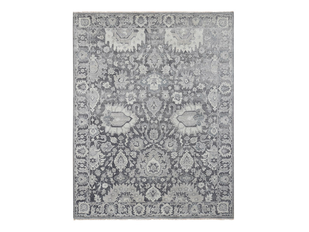 7'10" x 10'2" New Hand Knotted Grey Wool & Silk Rectangle Oriental Rug - MOA10280385