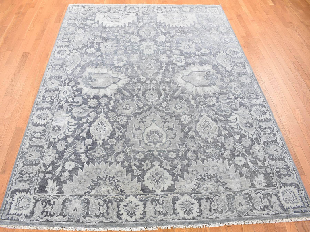 7'10" x 10'2" New Hand Knotted Grey Wool & Silk Rectangle Oriental Rug - MOA10280385