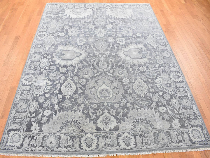7'10" x 10'2" New Hand Knotted Grey Wool & Silk Rectangle Oriental Rug - MOA10280385