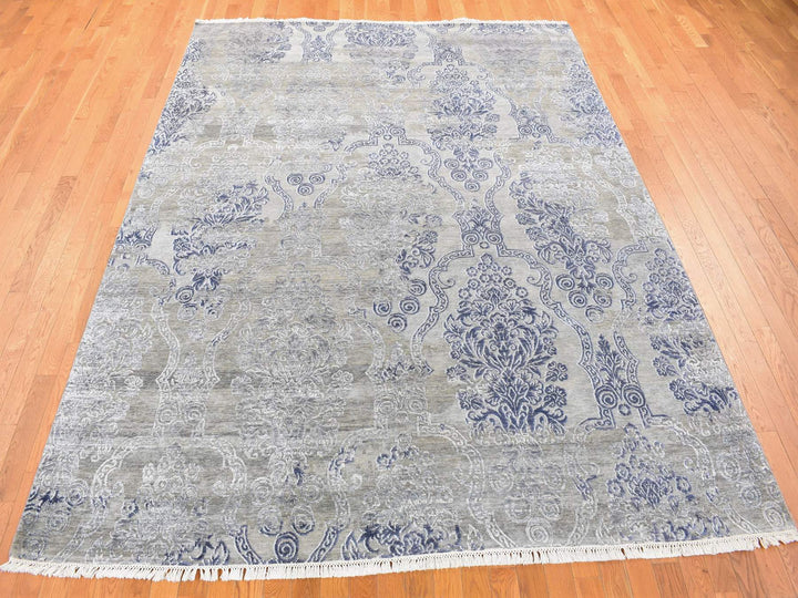 8'1" x 10'4" New Hand Knotted Grey Wool & Silk Rectangle Oriental Rug - MOA10280386