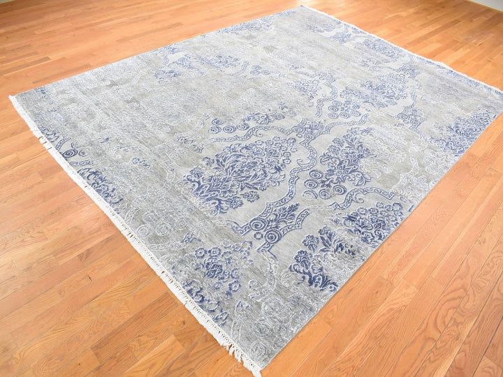 8'1" x 10'4" New Hand Knotted Grey Wool & Silk Rectangle Oriental Rug - MOA10280386