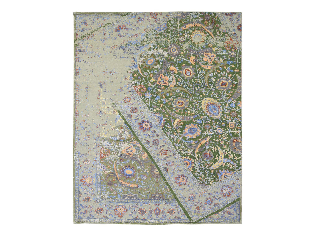 7'9" x 9'10" New Hand Knotted Green Wool & Silk Rectangle Oriental Rug - MOA10280388
