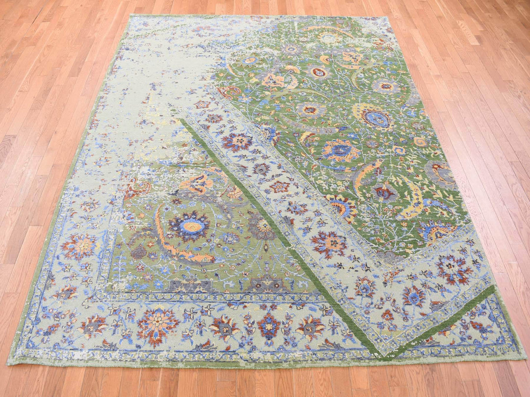 7'9" x 9'10" New Hand Knotted Green Wool & Silk Rectangle Oriental Rug - MOA10280388